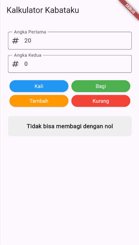 SS hasil running kalkulator_kabataku.dart pesan Tidak bisa membagi dengan nol