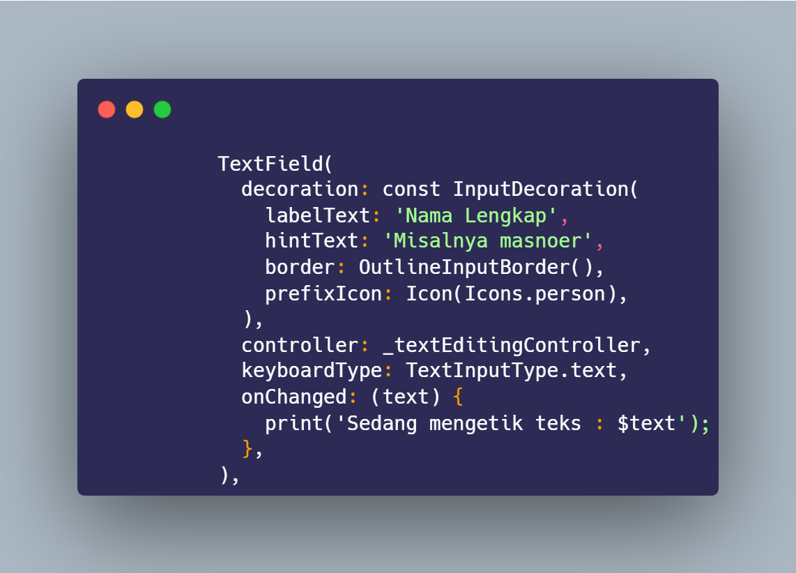 SS VS Code widget TextField dengan decoration labelText hintText border prefixIcon