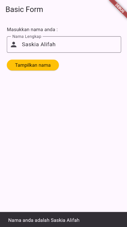 SS hasil running form_textfield.dart dengan nama terisi dan SnackBar tampil