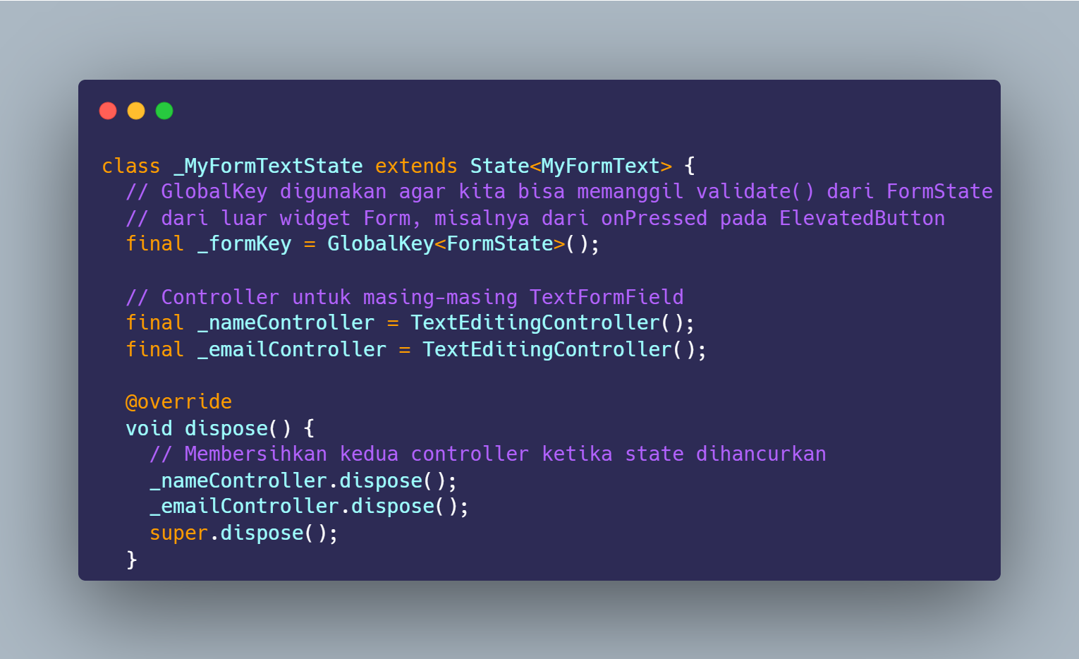 SS VS Code deklarasi _formKey GlobalKey FormState dan dua controller pada form_textformfield.dart