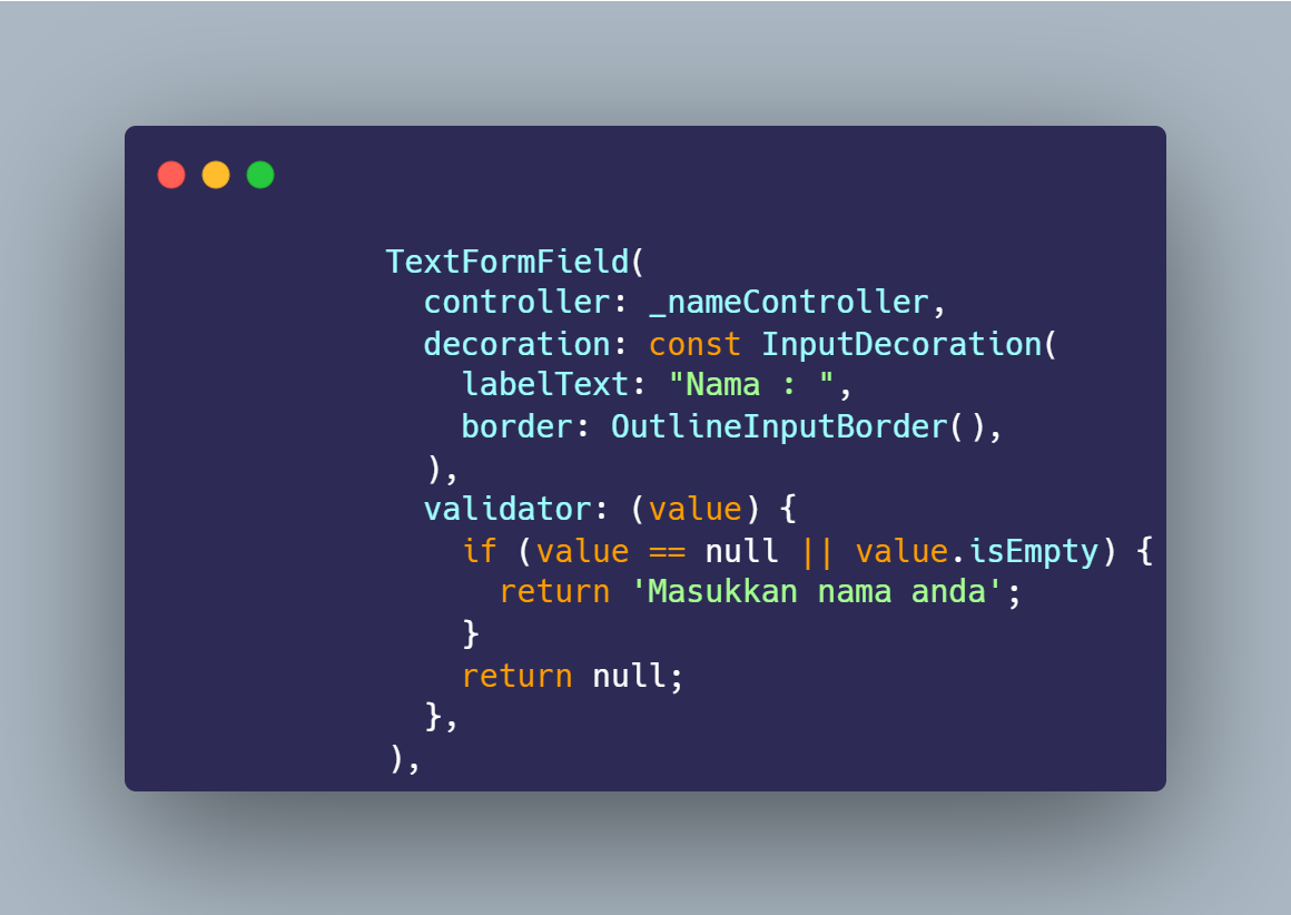 SS VS Code TextFormField nama dengan validator cek kosong