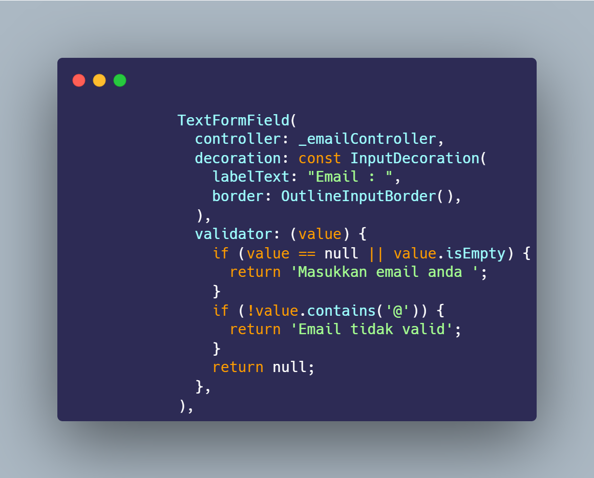 SS VS Code TextFormField email dengan validator cek kosong dan cek karakter @