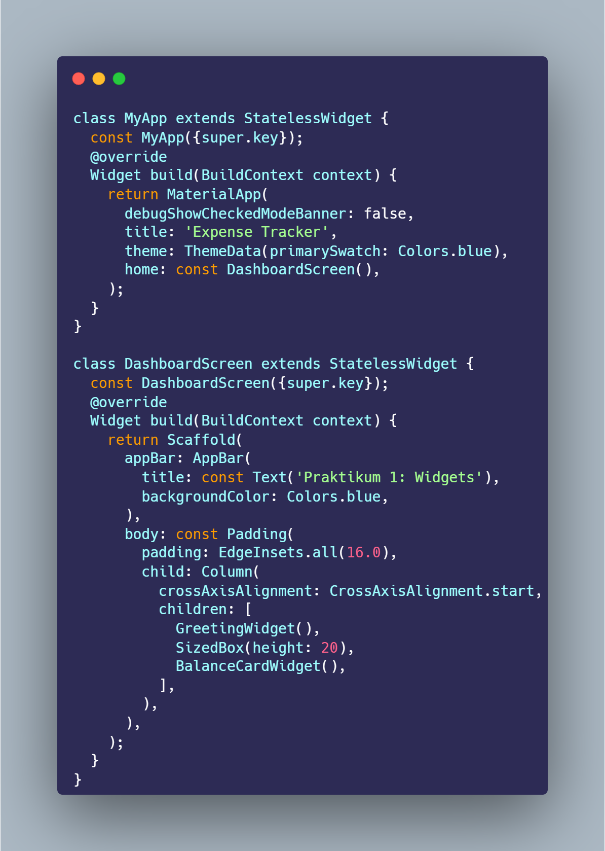 SS VS Code struktur MyApp, MaterialApp, Scaffold pada main.dart Modul 1