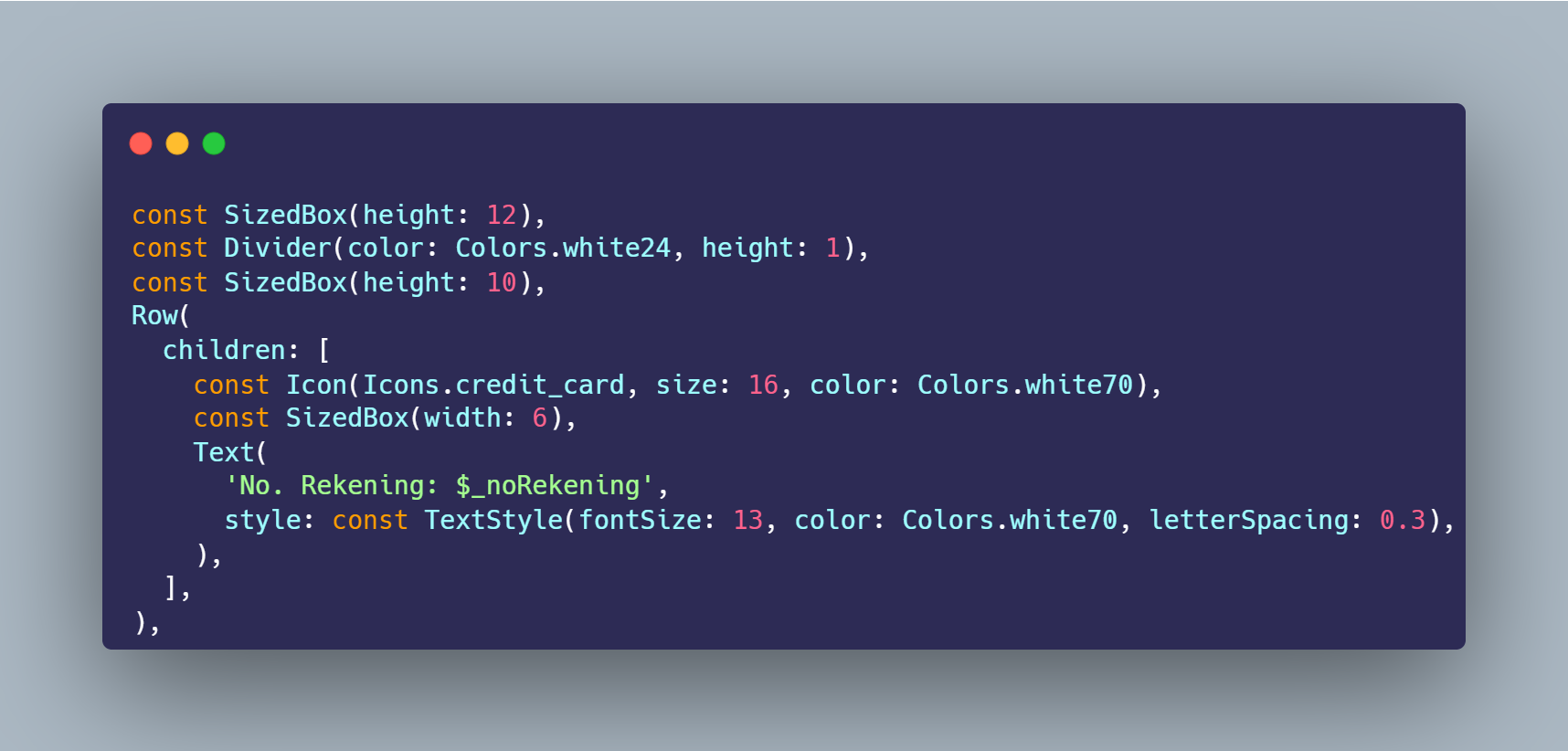 SS VS Code Row Icon credit_card dan Text No Rekening 1234-5678 ditambahkan di bawah nominal saldo