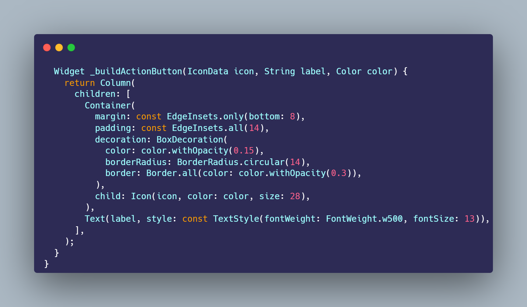 SS VS Code method buildActionButton Container padding decoration BoxDecoration warna transparan