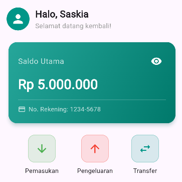 SS hasil running ActionButtonsWidget tiga tombol Pemasukan Pengeluaran Transfer sejajar
