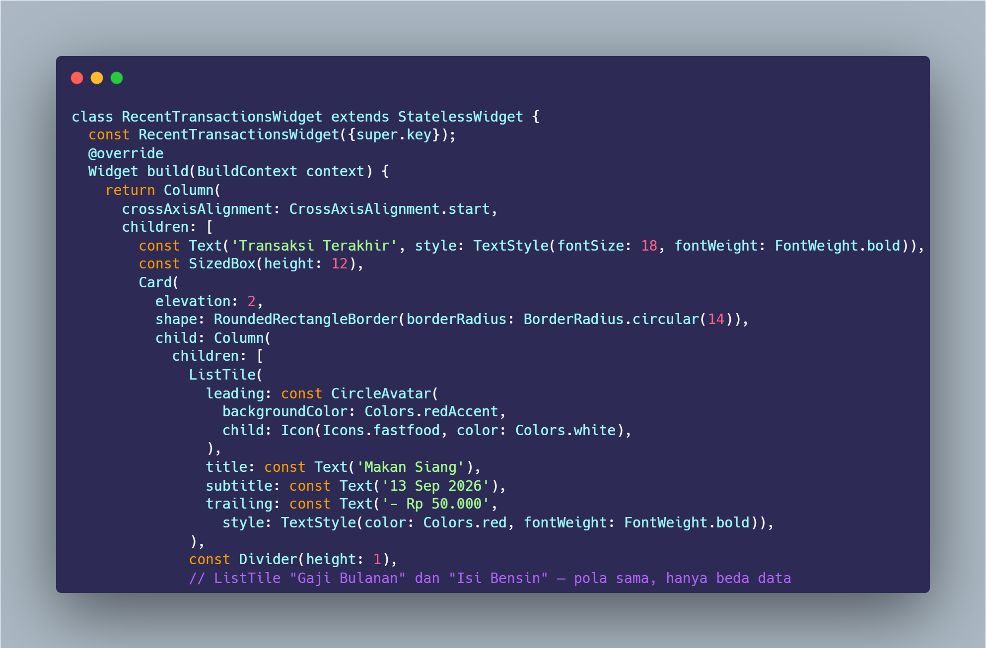 SS VS Code class RecentTransactionsWidget Column Card ListTile leading title trailing