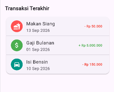 SS hasil running RecentTransactionsWidget daftar tiga transaksi Makan Siang Gaji Bulanan Isi Bensin
