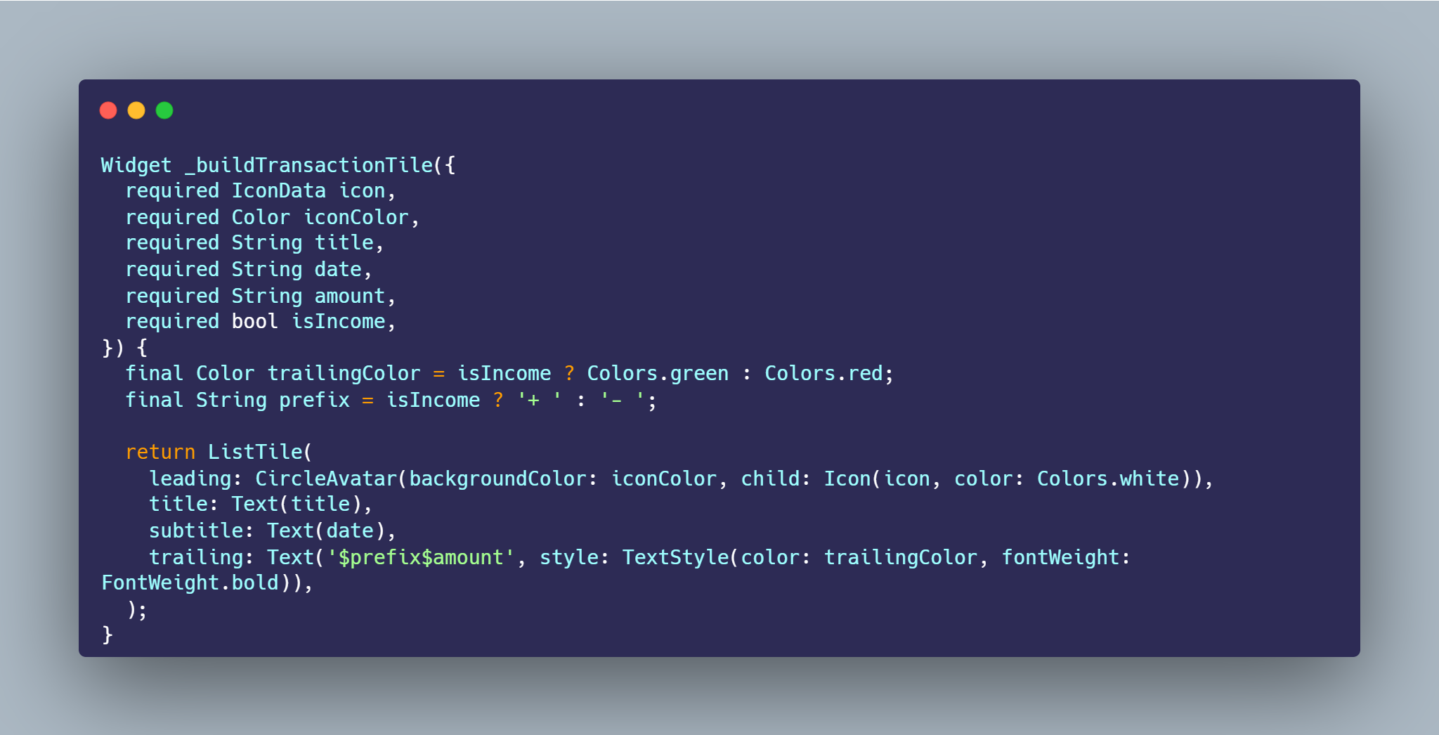 SS VS Code method buildTransactionTile parameter isIncome menentukan warna trailing merah hijau