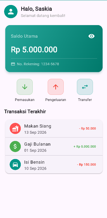 SS hasil running Tugas 1 Modul 2 warna trailing merah pengeluaran hijau pemasukan pada ListTile