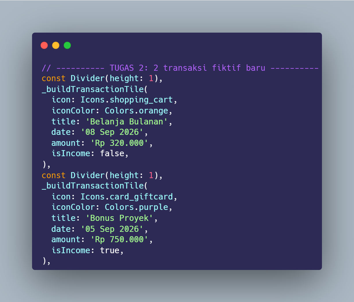 SS VS Code dua pemanggilan buildTransactionTile baru Belanja Bulanan dan Bonus Proyek