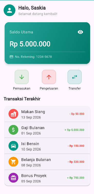 SS hasil running Tugas 2 Modul 2 daftar lima transaksi lengkap termasuk Belanja Bulanan dan Bonus Proyek