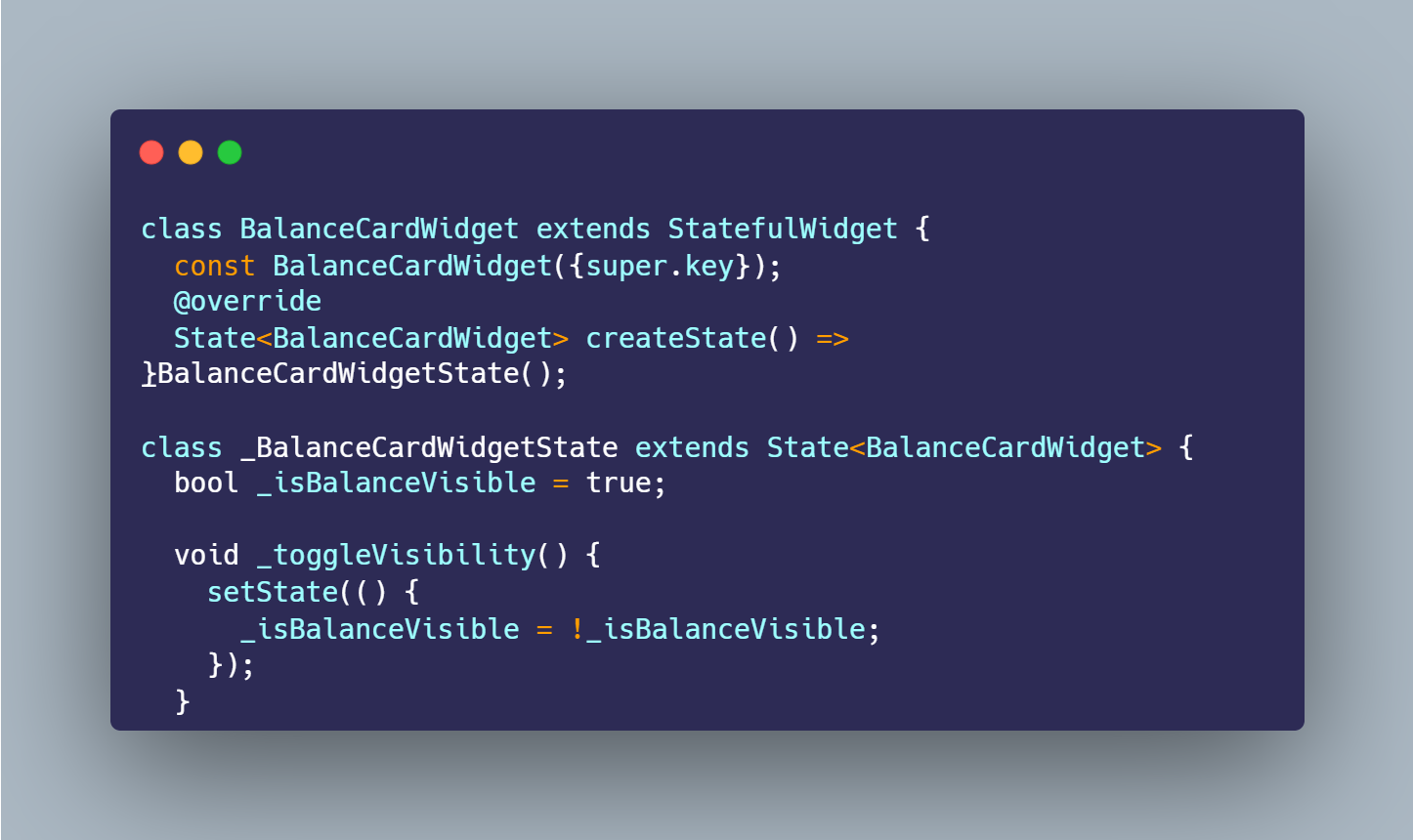 SS VS Code deklarasi StatefulWidget BalanceCardWidget dan variabel isBalanceVisible