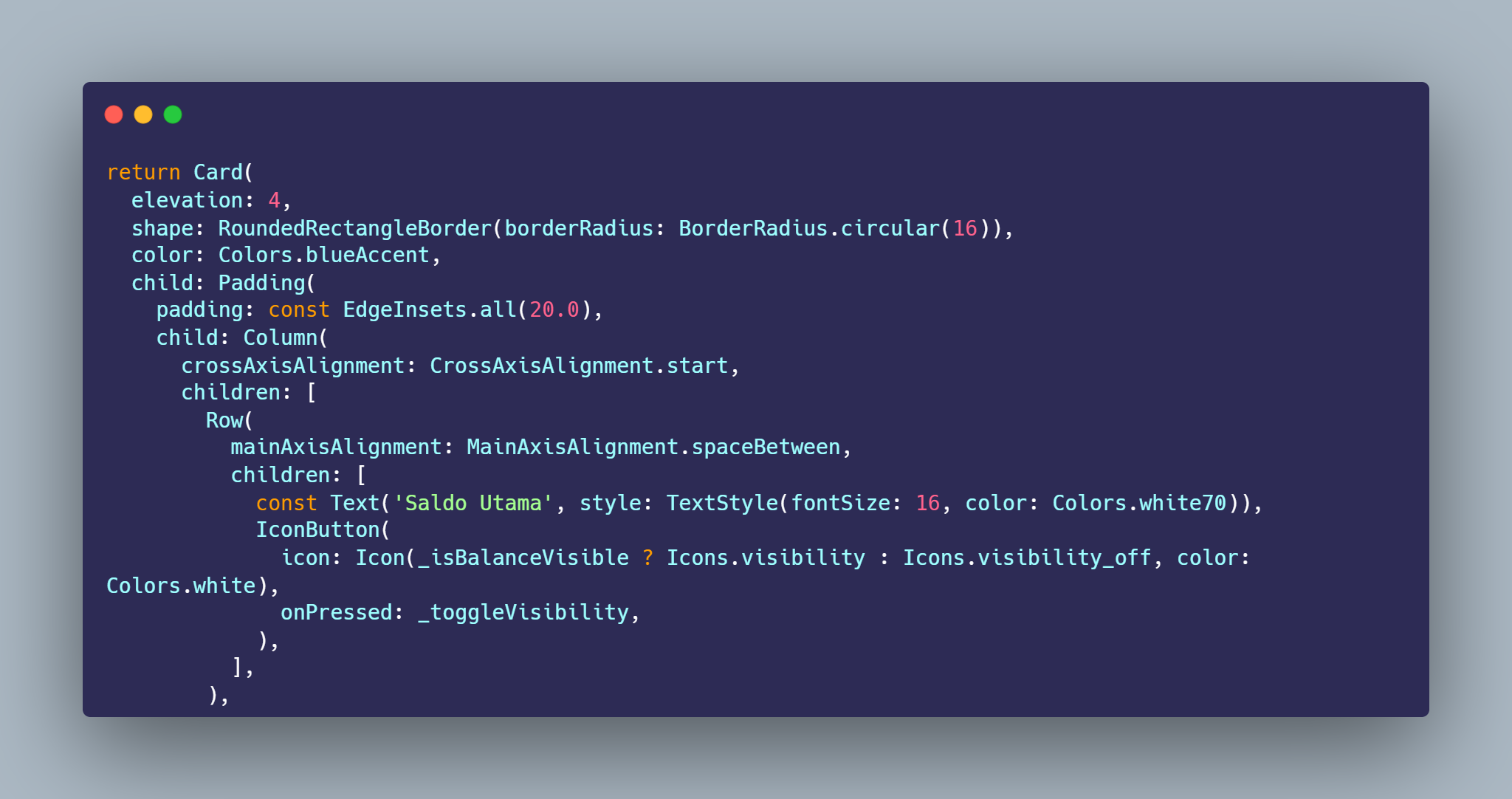 SS VS Code Card BalanceCardWidget dengan Row spaceBetween teks Saldo Utama dan IconButton