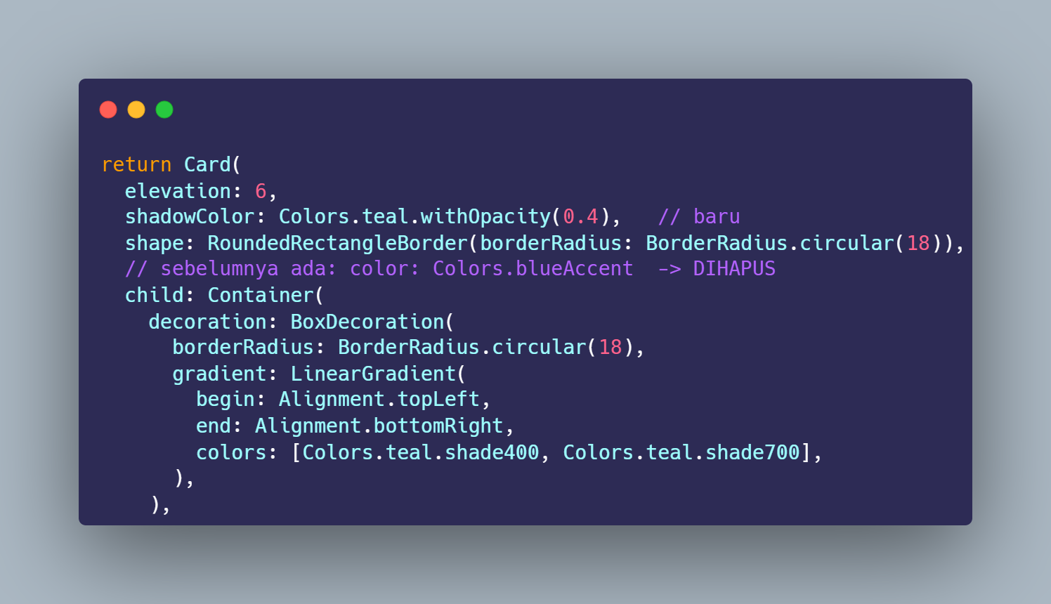 SS VS Code kode LinearGradient Colors.teal menggantikan Colors.blueAccent pada Card BalanceCardWidget