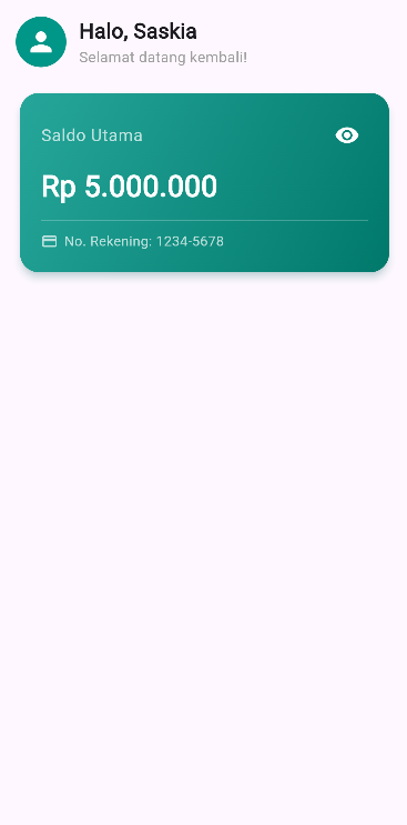 SS hasil running Tugas 1 Modul 1 kartu saldo berwarna gradasi teal