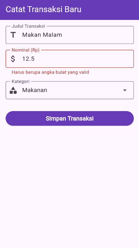 SS hasil running validasi nominal bukan angka