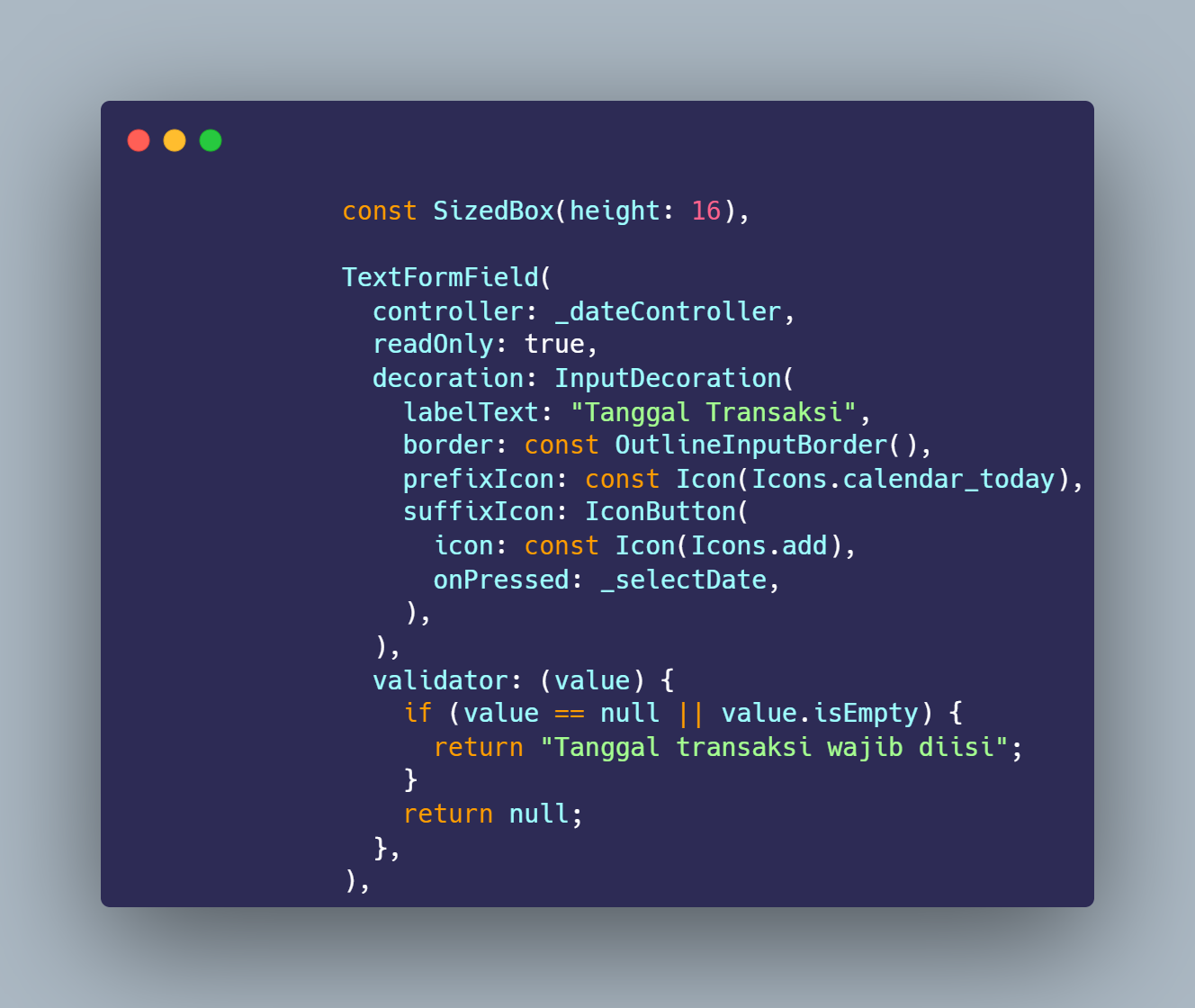 SS VS Code TextFormField tanggal readOnly suffixIcon validator