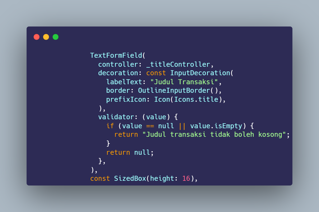 SS VS Code TextFormField judul transaksi dengan validator