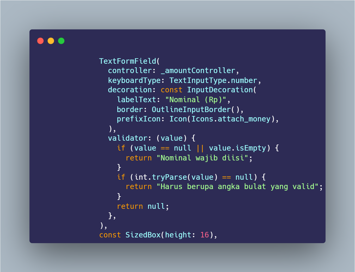 SS VS Code TextFormField nominal keyboardType number dan validator