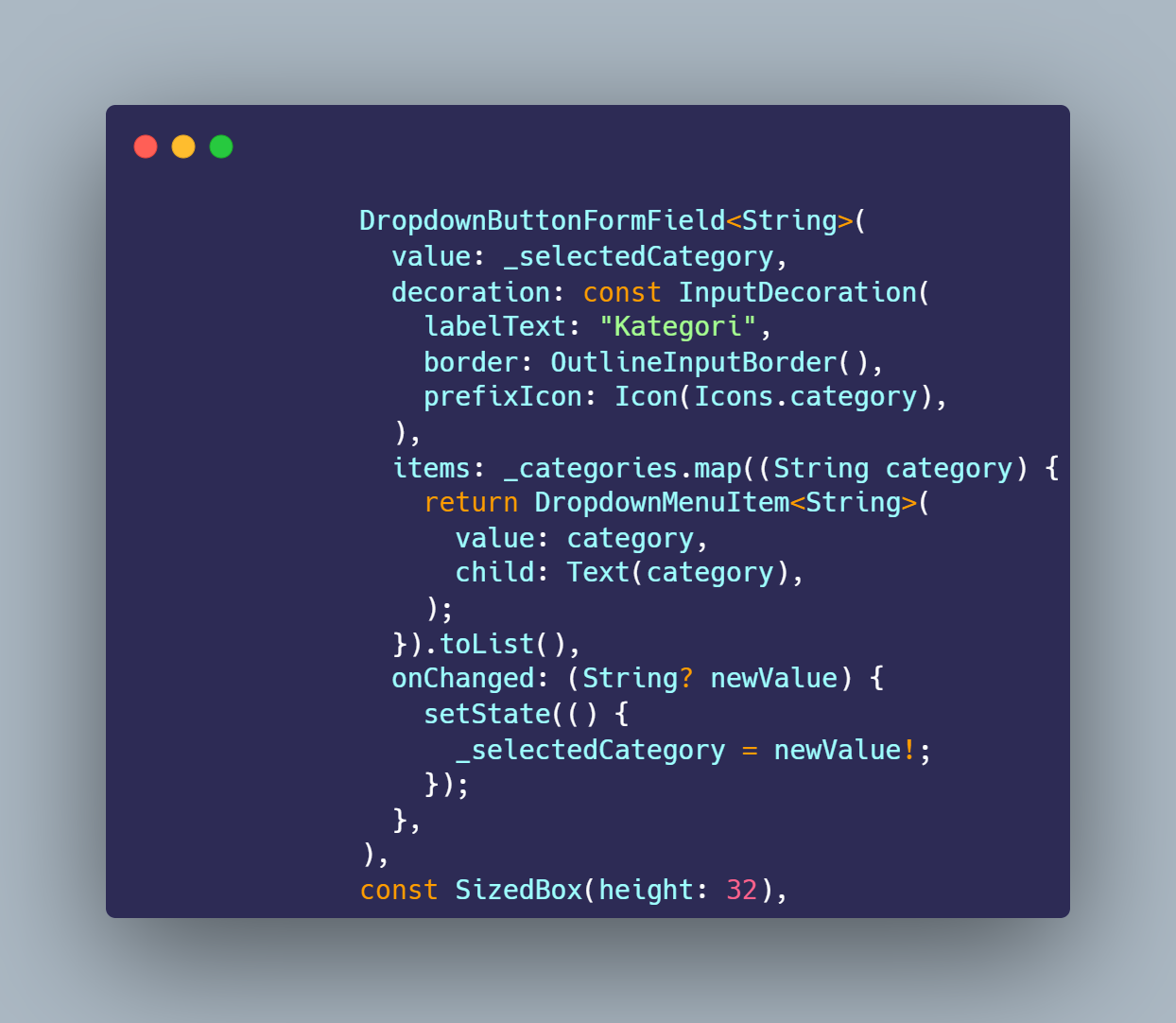 SS VS Code DropdownButtonFormField kategori items onChanged