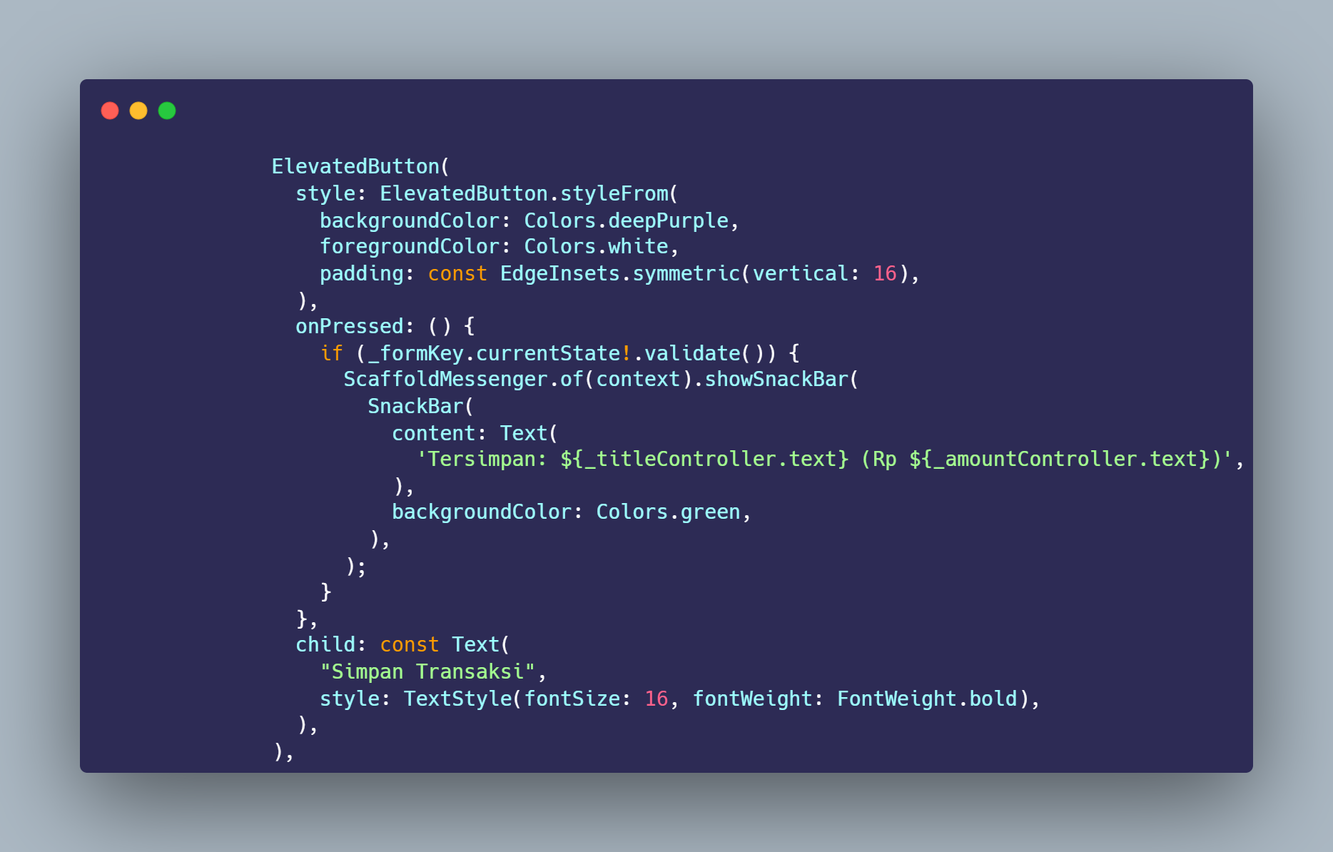 SS VS Code ElevatedButton simpan validate dan SnackBar