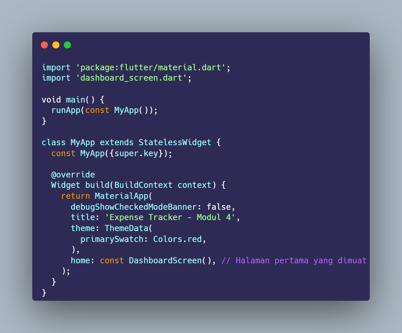 SS VS Code main.dart dengan MyApp, MaterialApp, tema merah, dan home DashboardScreen