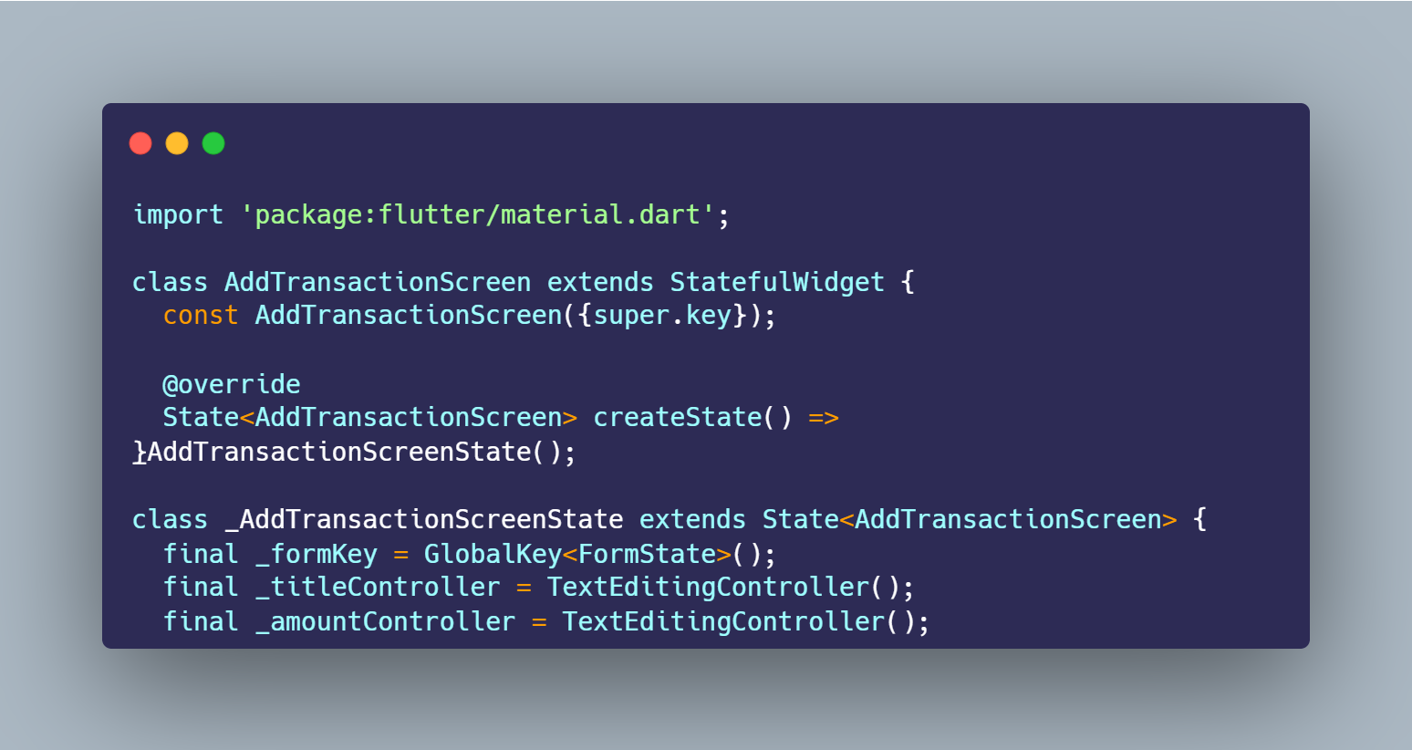 SS VS Code AddTransactionScreen StatefulWidget dengan formKey dan controller