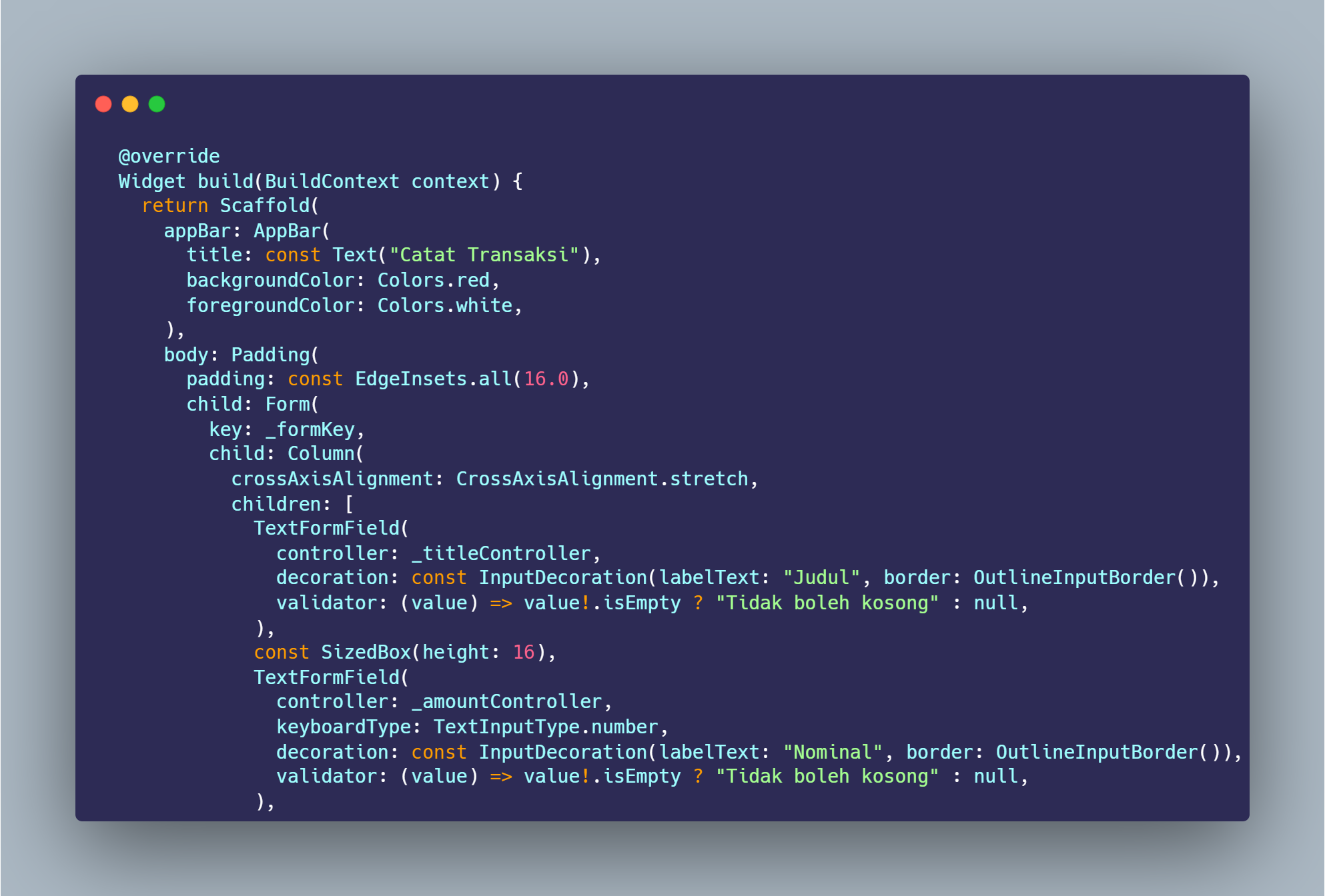 SS VS Code Scaffold, Form, TextFormField Judul dan Nominal dengan validator