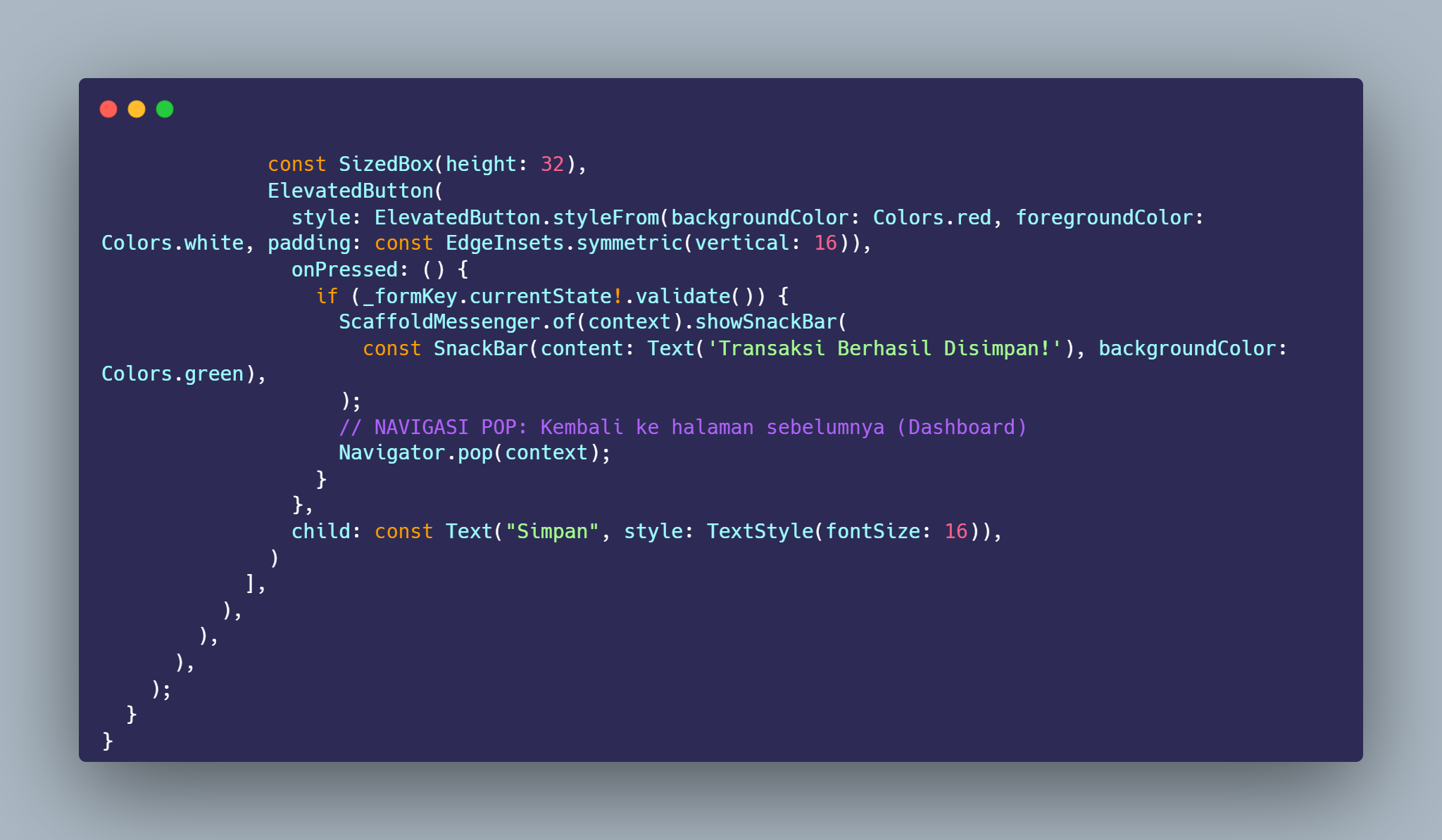 SS VS Code ElevatedButton Simpan dengan validate, showSnackBar, dan Navigator.pop