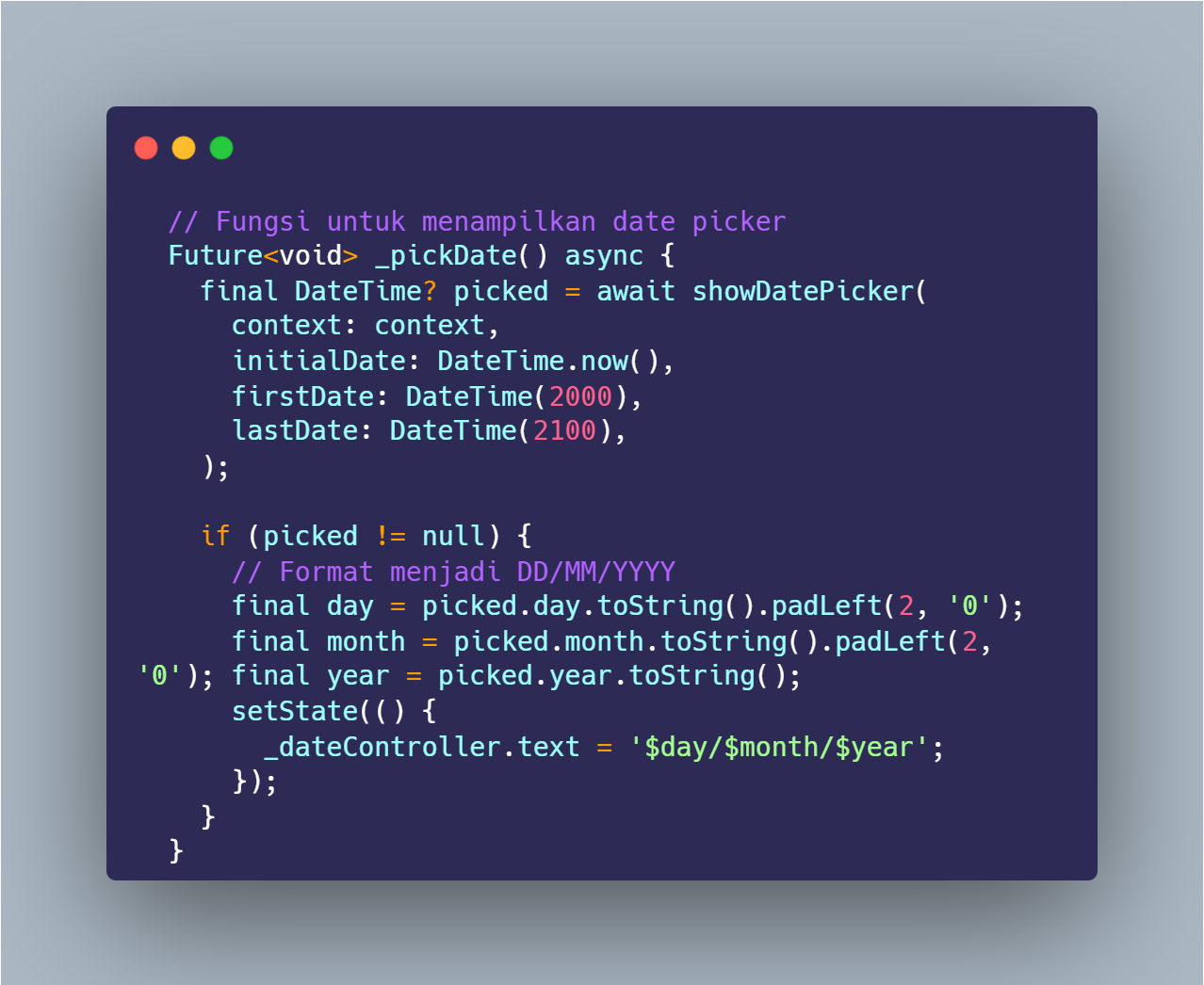 SS VS Code method _pickDate dengan showDatePicker dan format DD/MM/YYYY