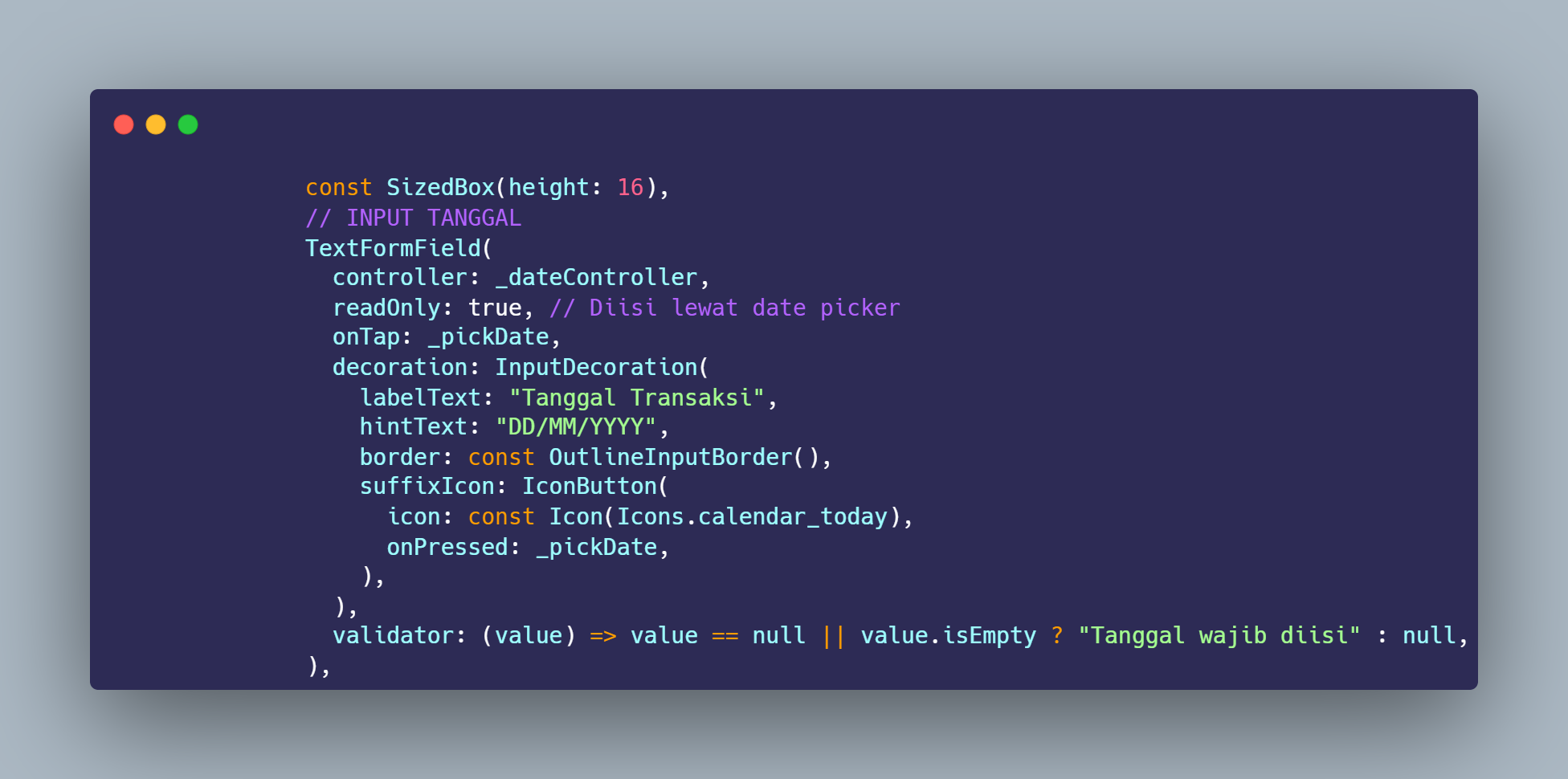 SS VS Code TextFormField Tanggal Transaksi dengan readOnly, onTap, dan suffixIcon