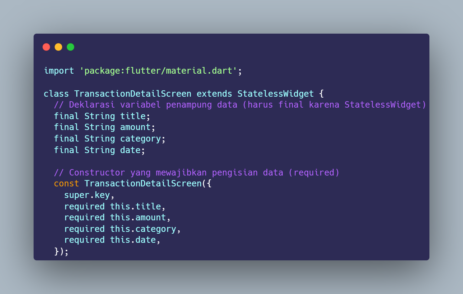 SS VS Code class TransactionDetailScreen dengan variabel final dan constructor required