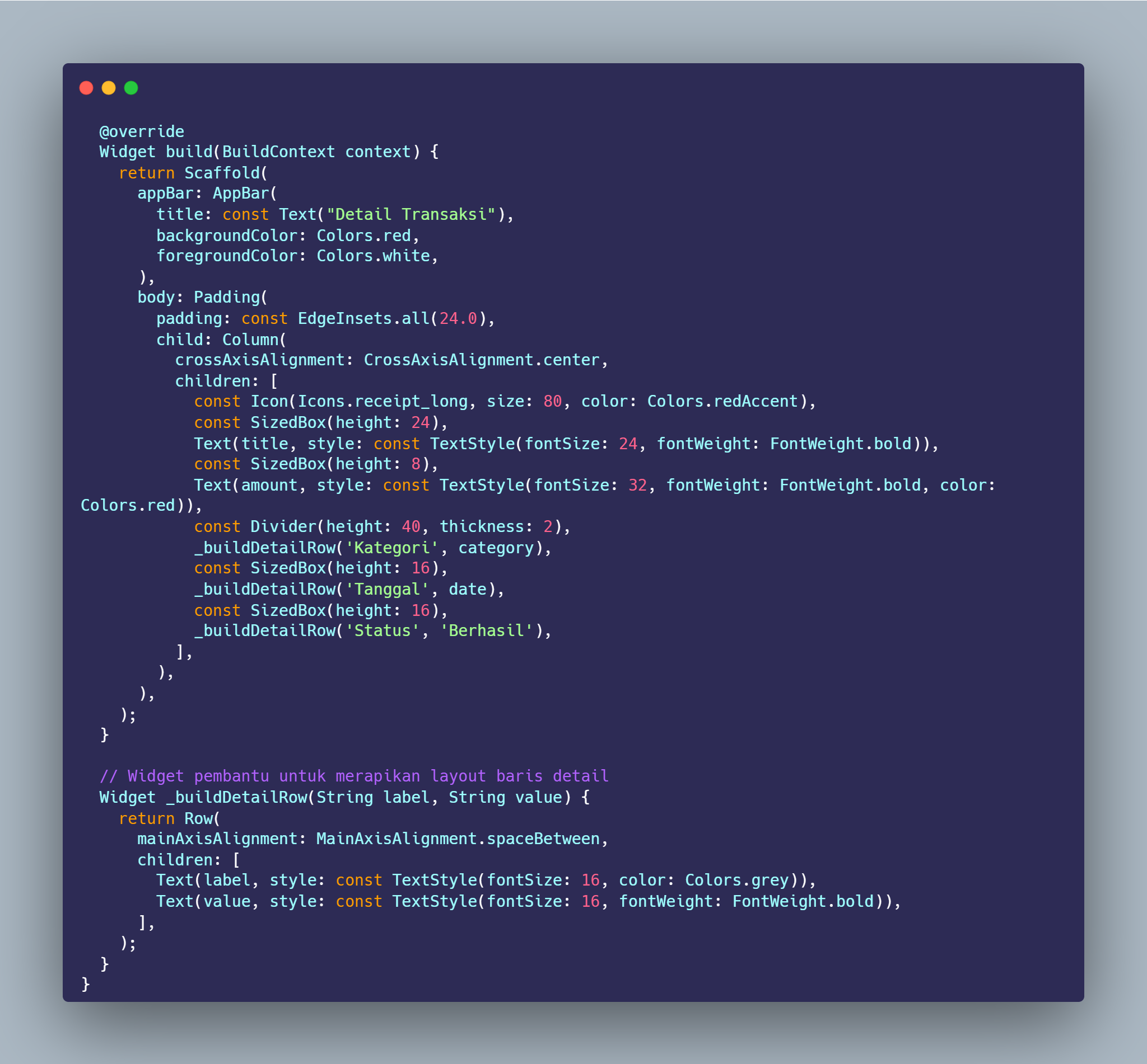 SS VS Code method build TransactionDetailScreen dan _buildDetailRow