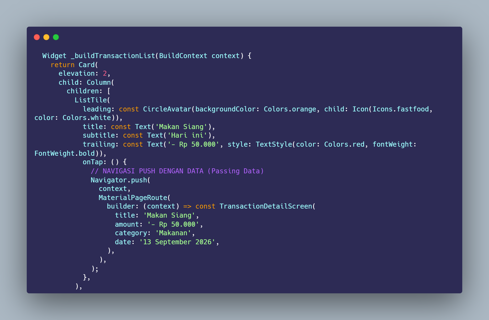 SS VS Code ListTile Makan Siang dengan onTap Navigator.push TransactionDetailScreen