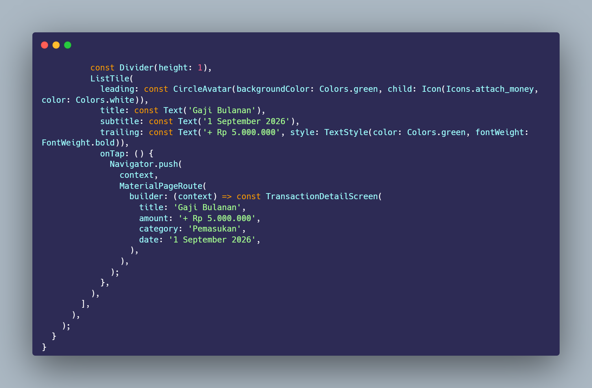 SS VS Code Divider dan ListTile Gaji Bulanan dengan onTap Navigator.push